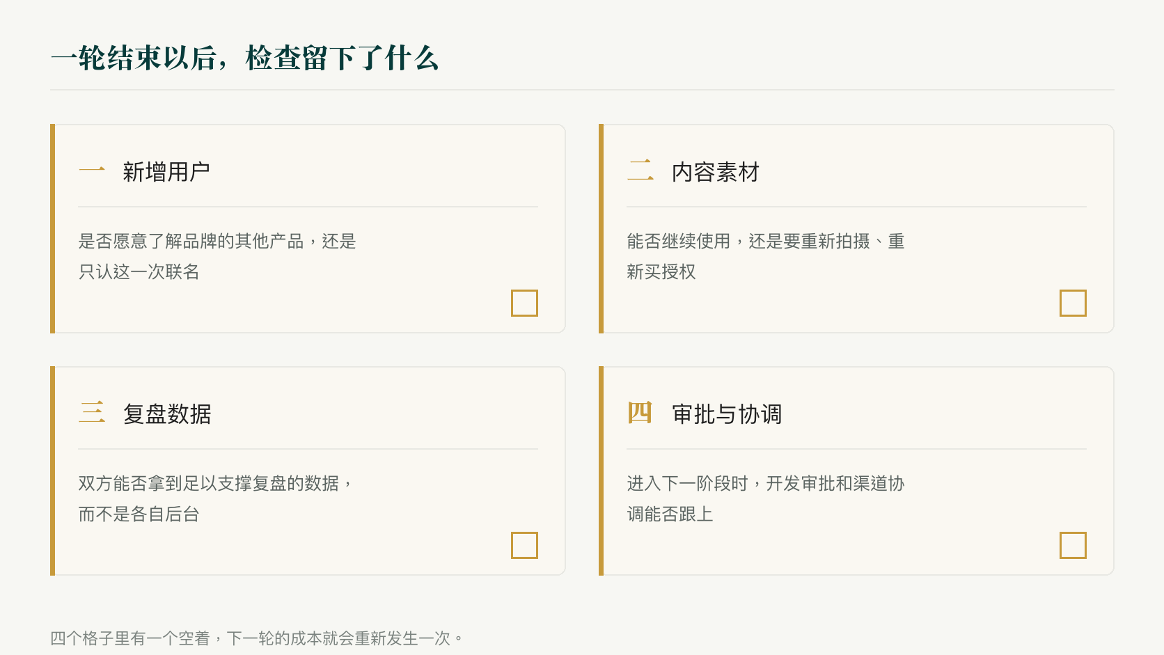 留下了什么：新增用户是否了解其他产品、内容素材能否继续使用、双方能否获得复盘数据、审批与渠道协调能否跟上——四个检查格